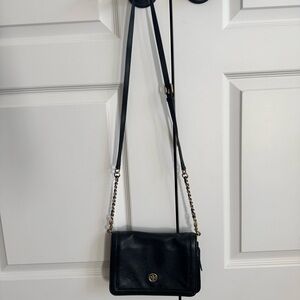 Tory Burch Elegant Black Soft Leather Crossbody Bag with Gold Accents